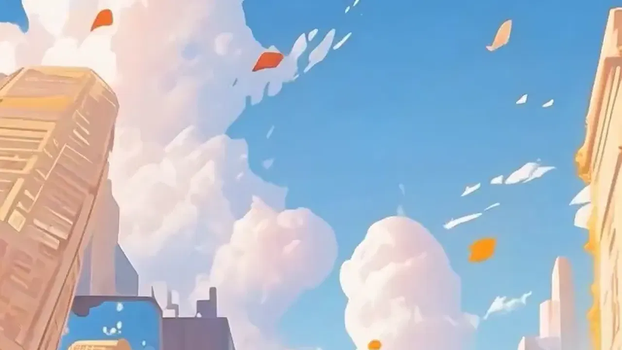 Clouds drift over the city and part to reveal the city skyline