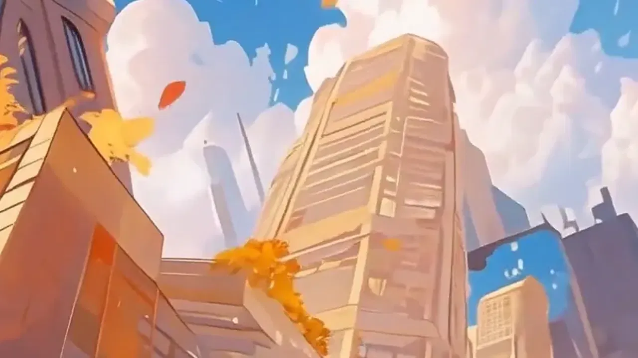 The original city skyline, looking upward through falling leaves
